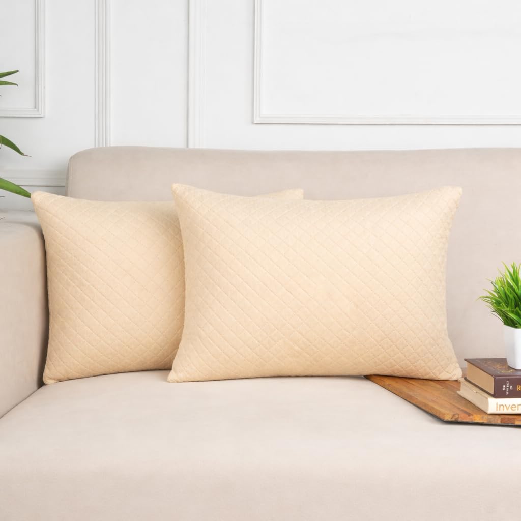 STITCHNEST Quilted Velvet Cushion Covers Set of 2 | Soft Beige | 12x18 Inches | Premium Sofa & Living Room Décor