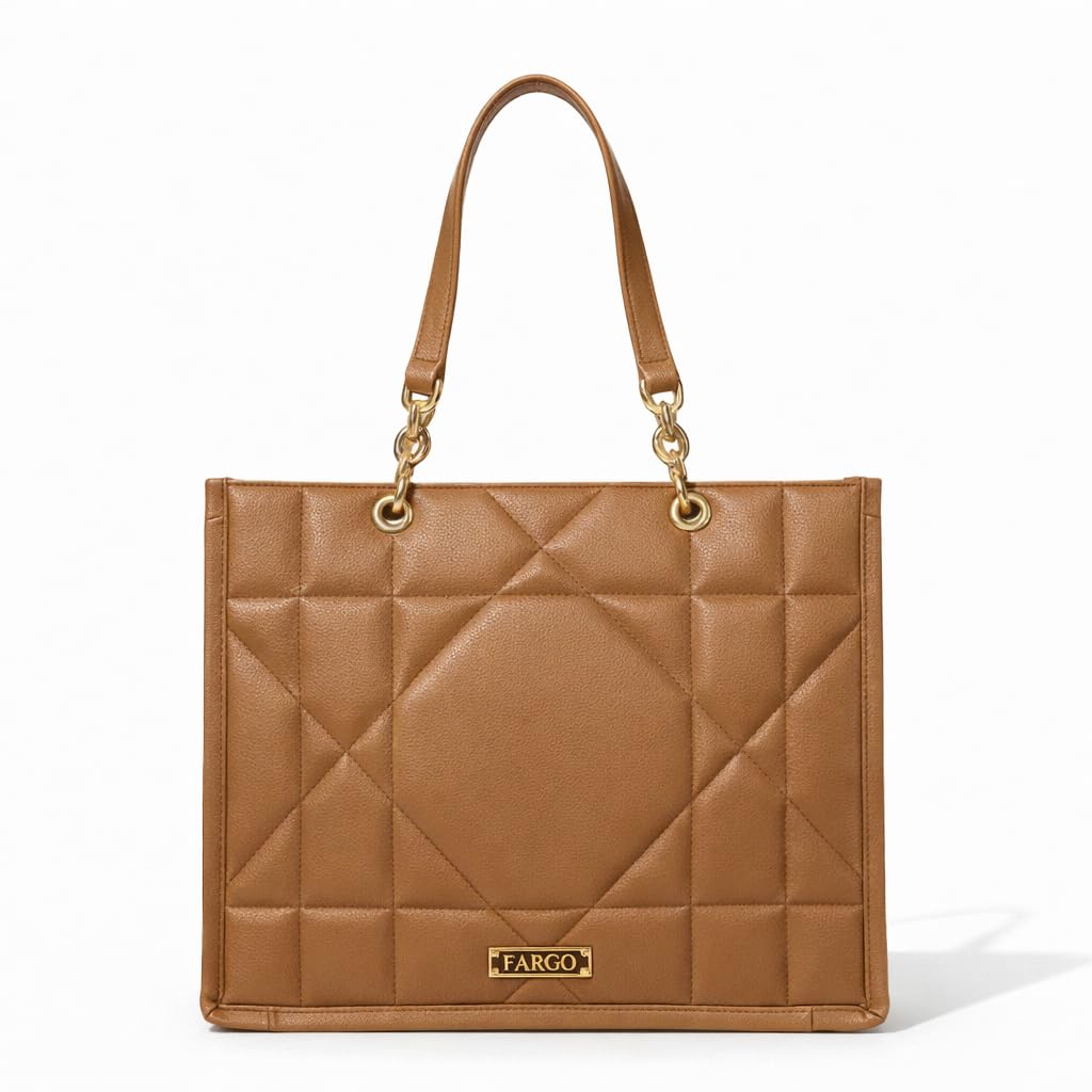 Fargo Matrix Tote Bag for Women | Vegan Leather Handbag with 15-Inch Laptop Compartment, Smooth Zip | Stylish Office, College & Daily Use Tote | Made in India (Tan)