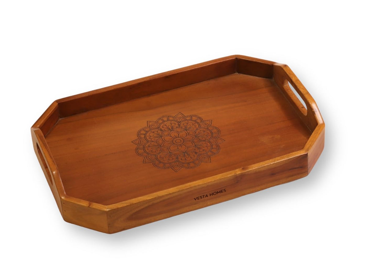 Vesta Homes Acacia Wood Serving Tray for Home/Kitchen/Restaurant/Office Organizer/Dining Table | Premium Serving Trays | 46 x 31 x 6.5 cm | Handcrafted in India