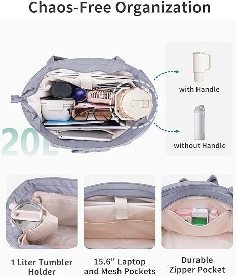 Prplet Large Tote Bag for Women | Multi-Pocket Travel Shoulder Bag with Tumbler Pocket | Work, Office, College, Travel & Daily Use Handbag (Grey)