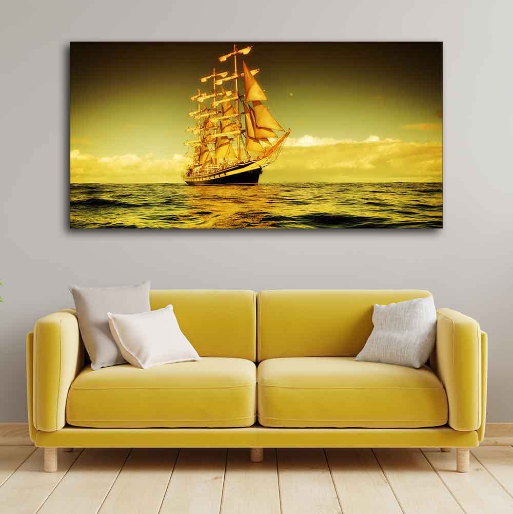 VIBECRAFTS Beautiful Sunset Sailing Ship Premium Canvas Wall Painting With Frame for Living Room Drawing Room Home|Office|Gift (PTVCH_2219N)