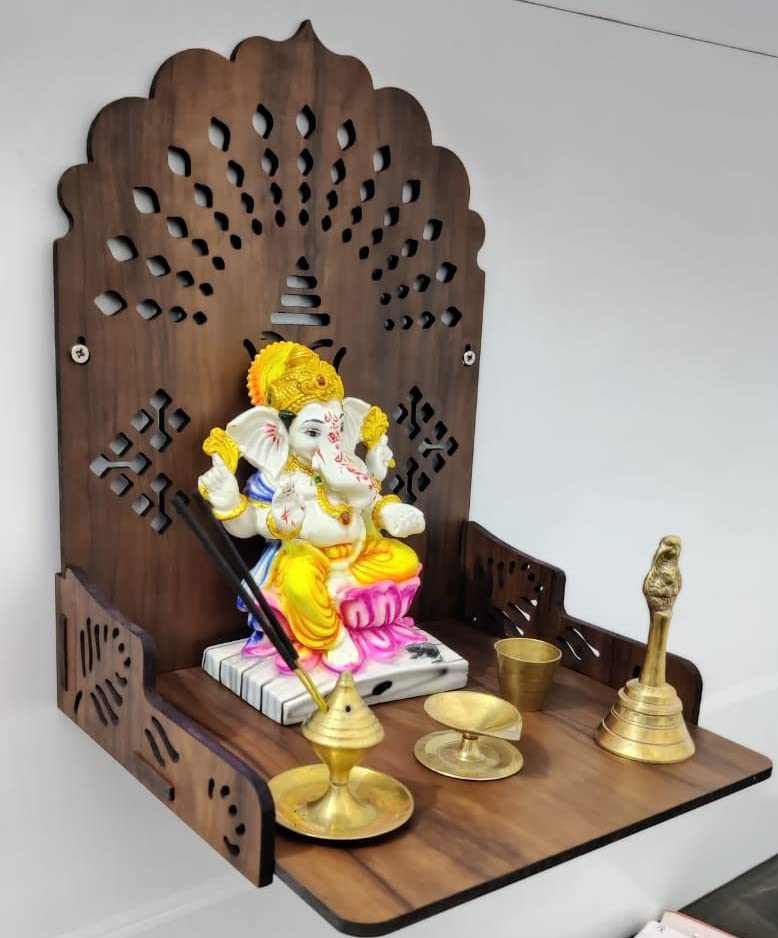 Wooden Small Temple Mandir Puja Ghar for Home and Office Wall Hanging Beautiful Ganesh Design Brown Color Matte Finish Engineered Wood (Dark Brown)