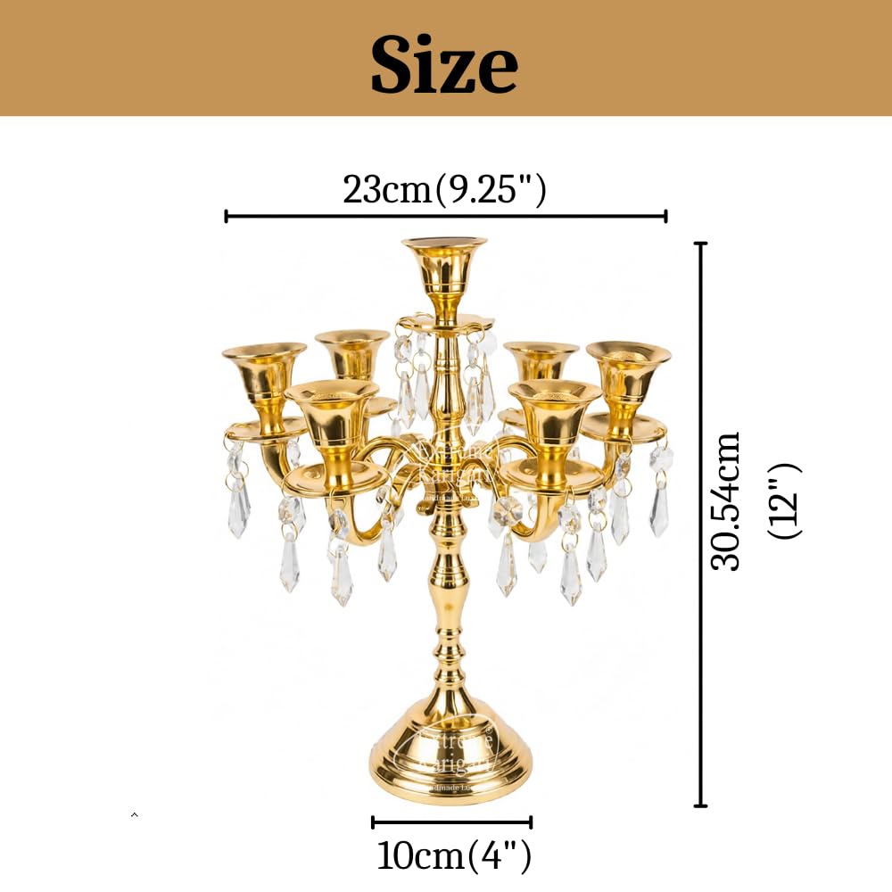 Extreme Karigari Vintage 7 Arm 12inch Candle Holder Stand with Crysal Hanging for Home and Dining Table Decor, Wedding Centerpiece