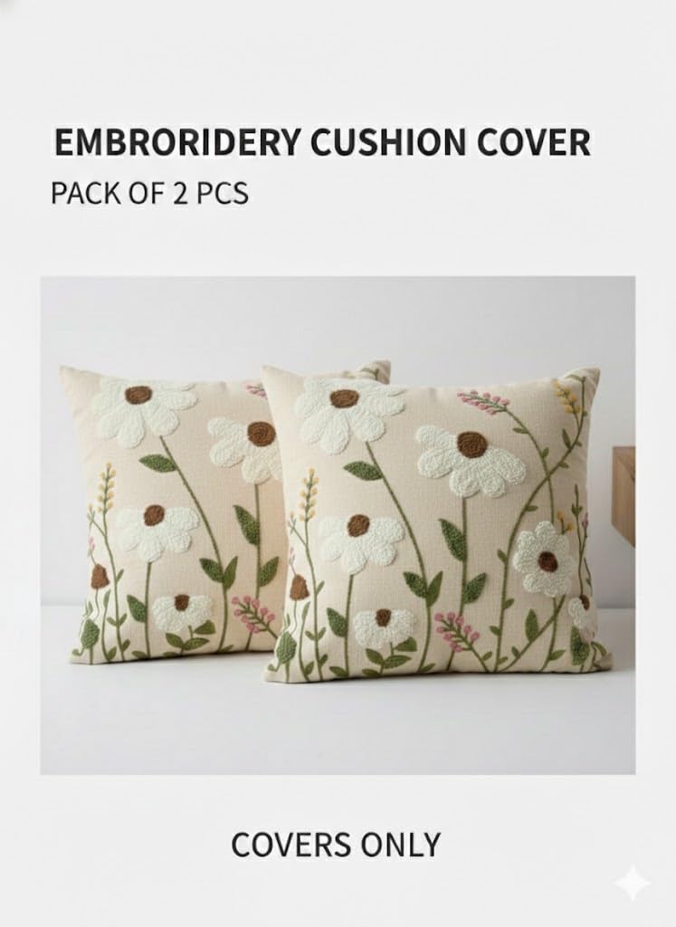 CASA-NEST Linen Embroidery Cushion Cover, Size -16x16 inch, Pack of 2 pc, Decorative Sofa Cushion (Cream, 2)