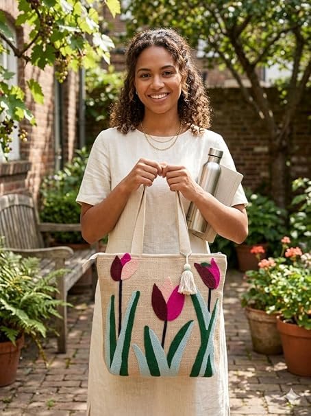 Embroidered Canvas Tote Bag, Cream, Floral Butterfly Design, Zipper Closure with Tassel