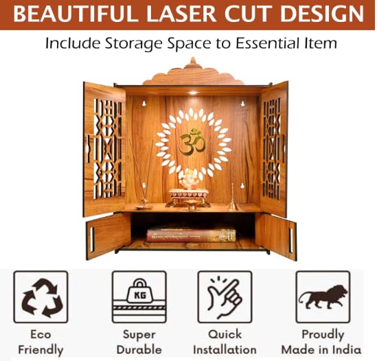 Wooden Temple Mandir with Door Cabinets, Wall-Mount, Laser Cut
