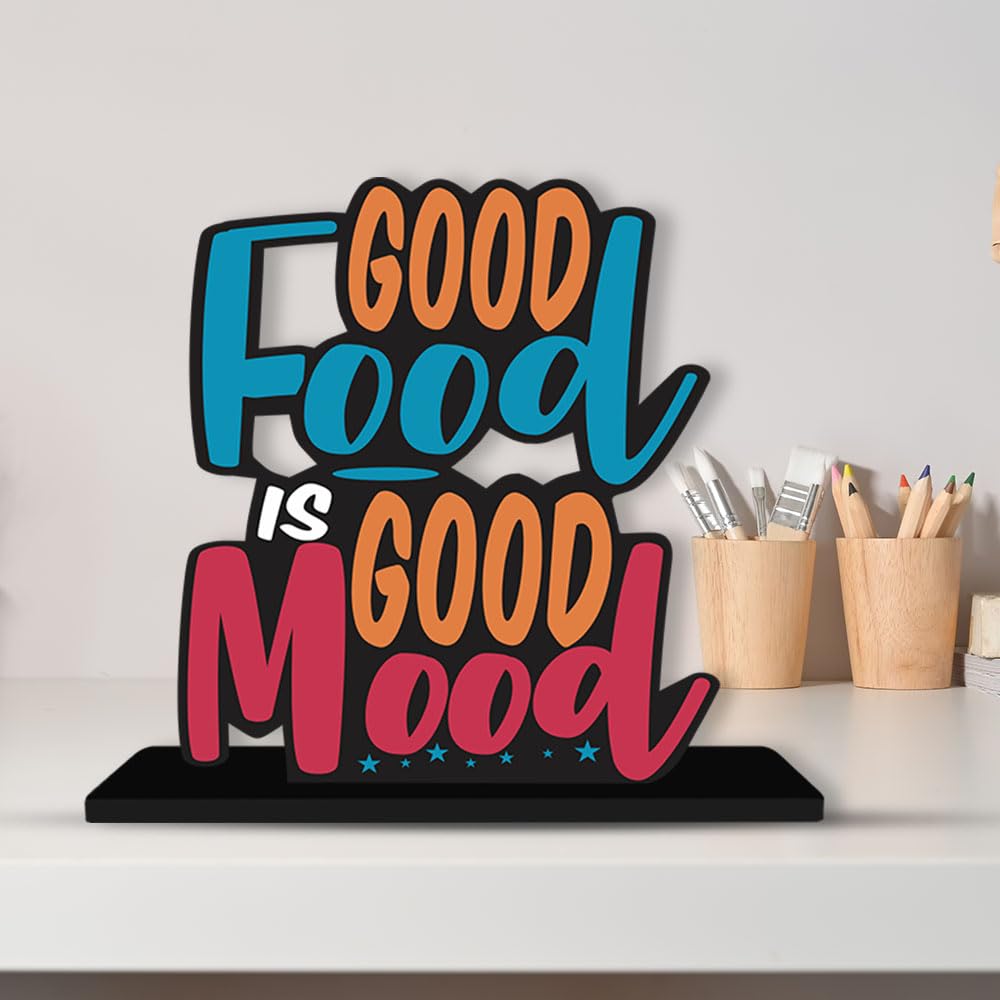 Artvibes Wooden Idols and Figurine Good Food is Good Mood Restaurant Cafe Quotes Table Decoration for Office Desk | Home Decor | Living Room | Modern Art Wood Showpiece Gift Item (SP_1128N)
