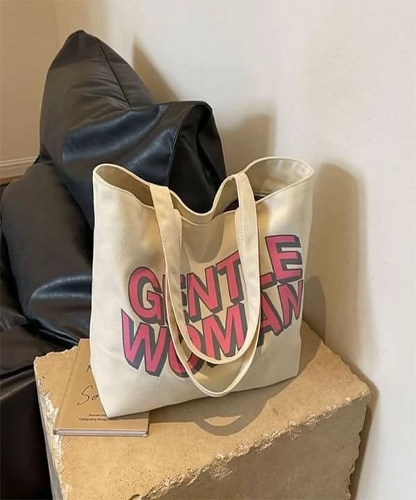 THE SACK CO. Large Canvas Tote Bag for Women, Tote Handbags for Women with Zipper for College, Shopping, Office (White bag gntl women pink & grey)