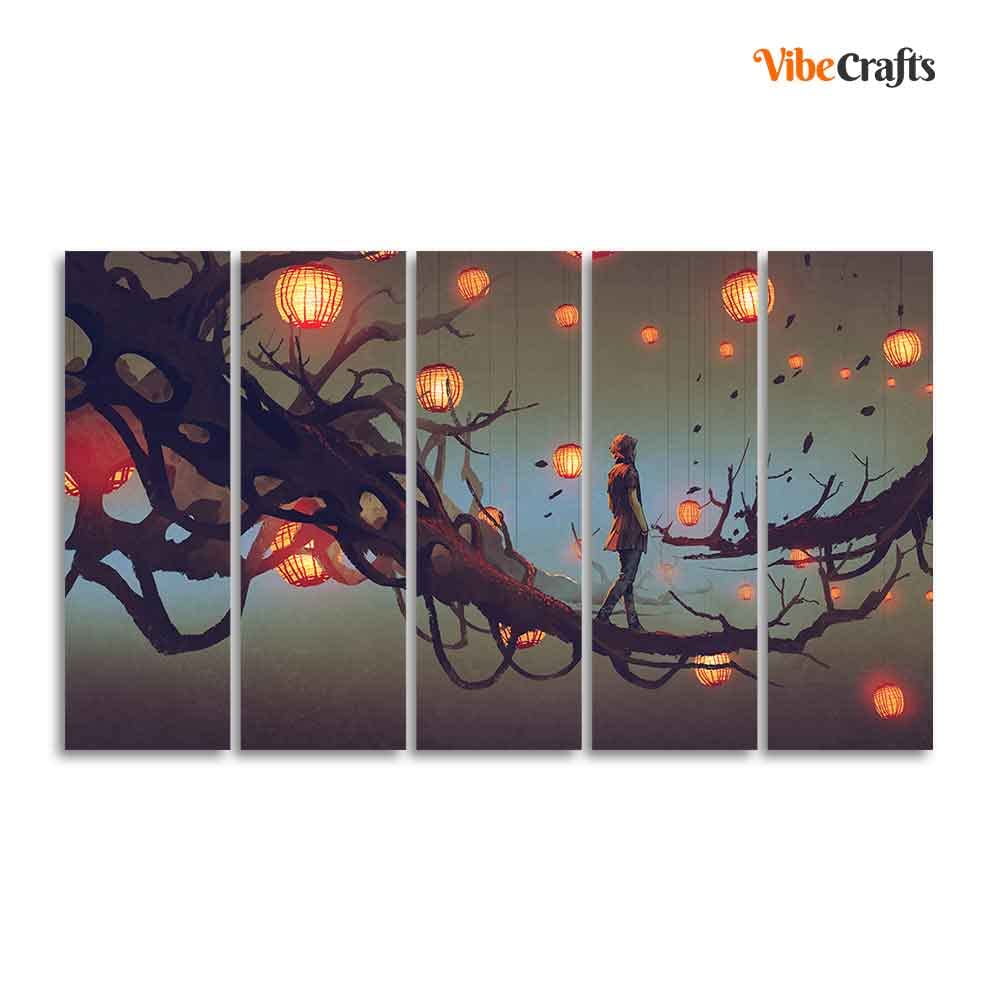 VIBECRAFTS Man Walking in Night Premium Five Pieces Canvas Wall Painting For Home|Office|Living Room|Gift (PTVC5Pcs4_8649)