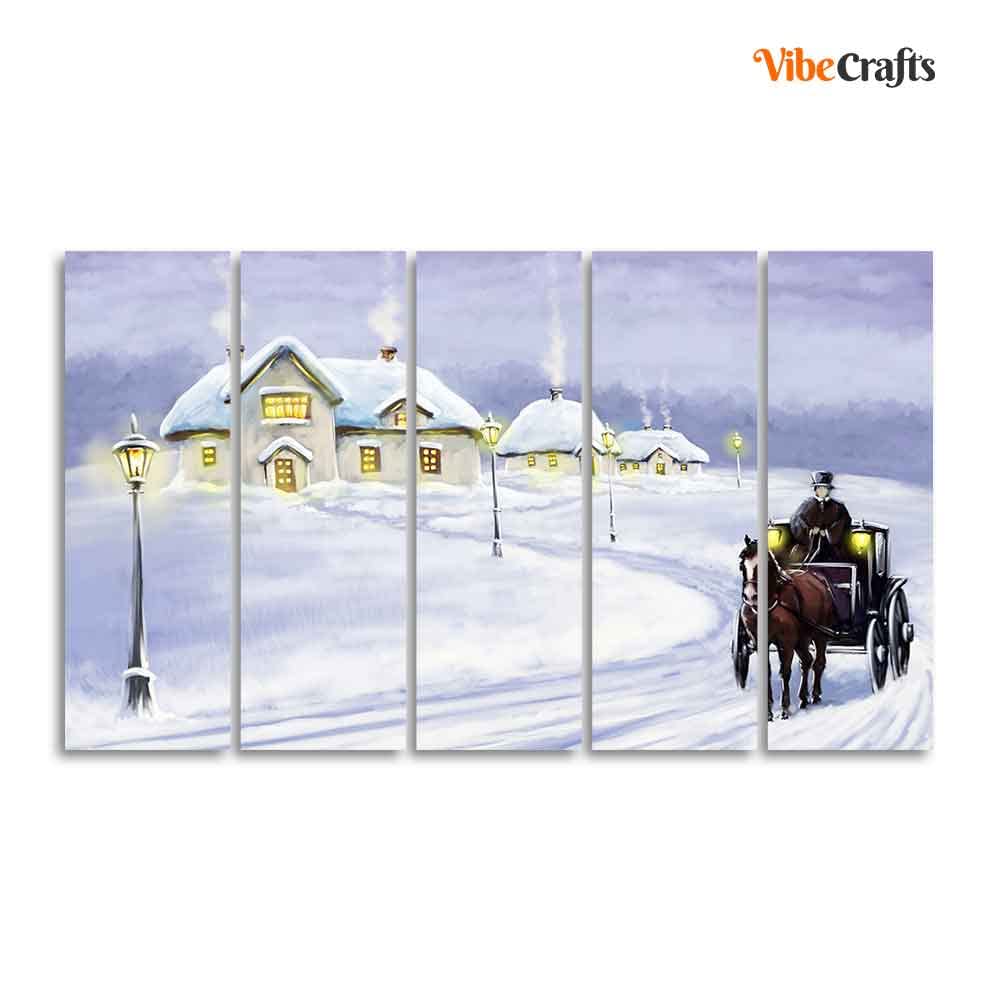 VIBECRAFTS Rural Landscape in Winters Wall Painting of Five Pieces For Home|Office|Living Room|Gift (PTVC5Pcs4_8684)