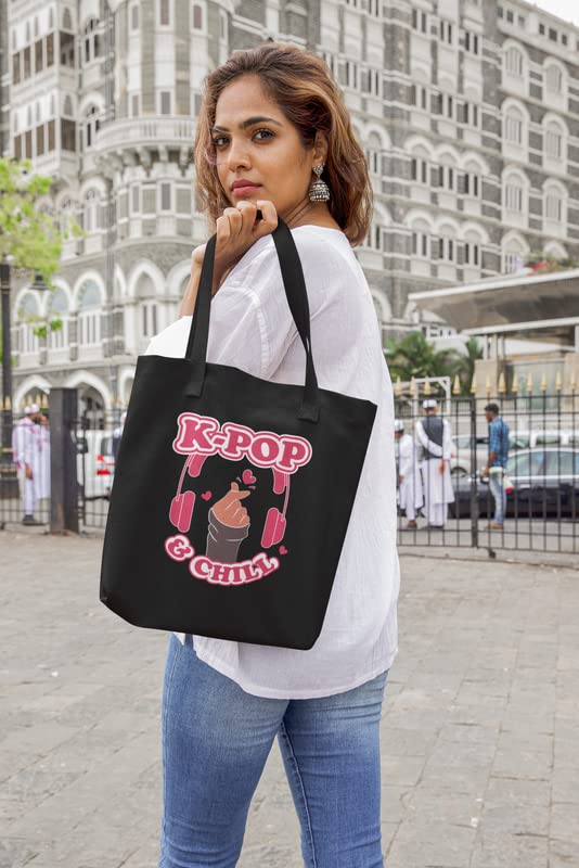 TheYaYaCafe BTS Printed Canvas Cotton Black Tote Bag With Zipper for Women and Girls