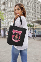 TheYaYaCafe BTS Printed Canvas Cotton Black Tote Bag With Zipper for Women and Girls