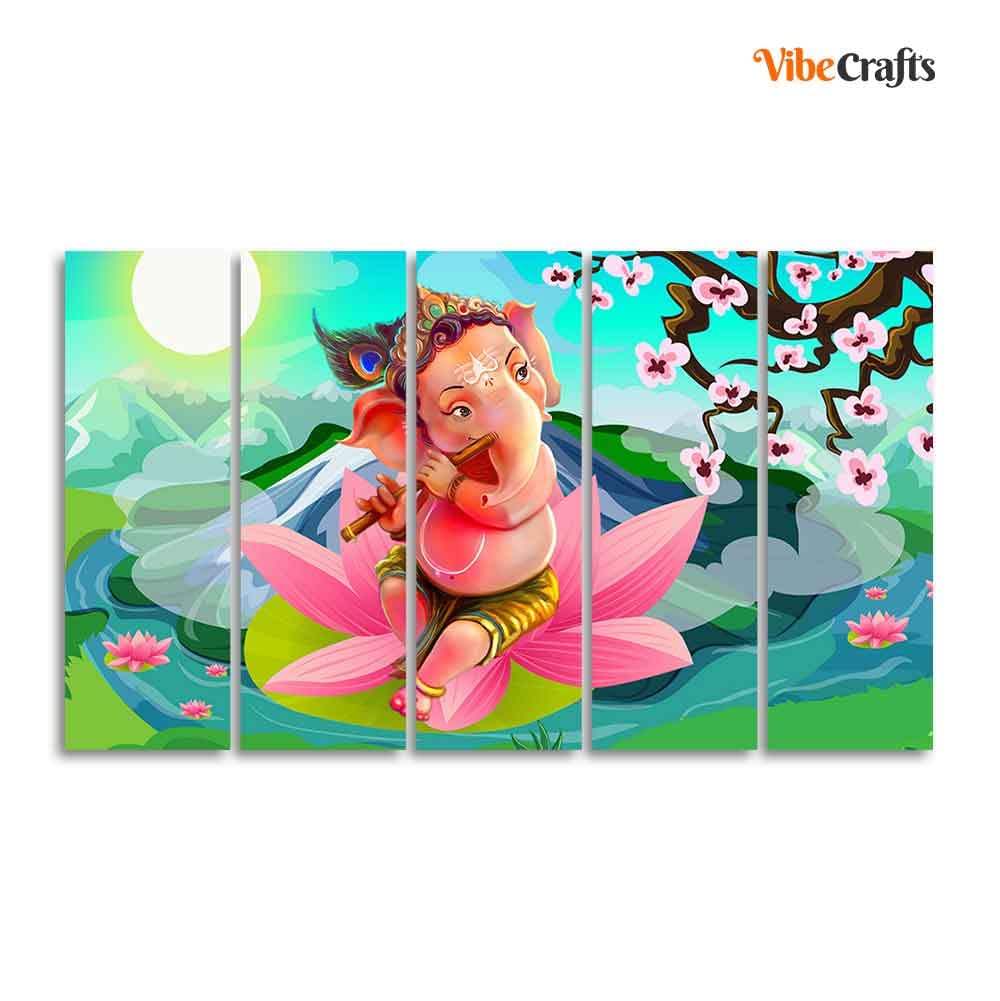 VIBECRAFTS Ganesha Playing Flute Premium Wall Painting of Five Pieces For Home|Office|Living Room|Gift (PTVC5Pcs4_8683)
