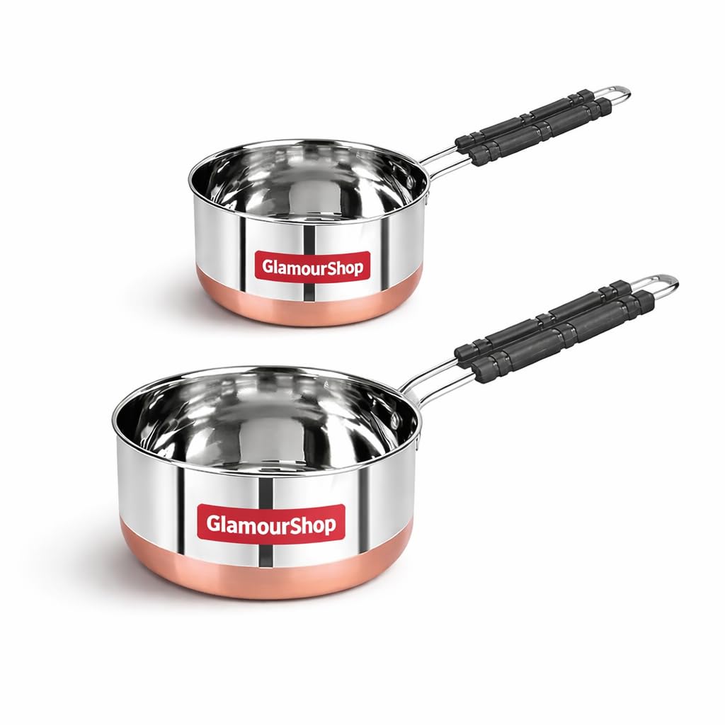 GlamourShop Tea Pan Stainless Steel Copper Bottom Sauce Pan Milk Pan Tapeli Patila Induction Base Sauce Pot Milk Boiler with Handle Set of 2 Pcs (1 Litr & 1.5 Litr)