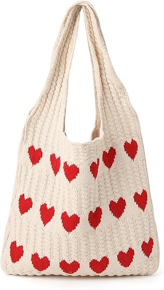 Kyrin Cute Tote Bag For Woman Red Heart Pattern Crochet Bags For Women Stylish Beach Bags For Women Crochet Tote Bag For Girls - Travel, College, Office, Shopping
