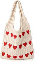 Kyrin Cute Tote Bag For Woman Red Heart Pattern Crochet Bags For Women Stylish Beach Bags For Women Crochet Tote Bag For Girls - Travel, College, Office, Shopping
