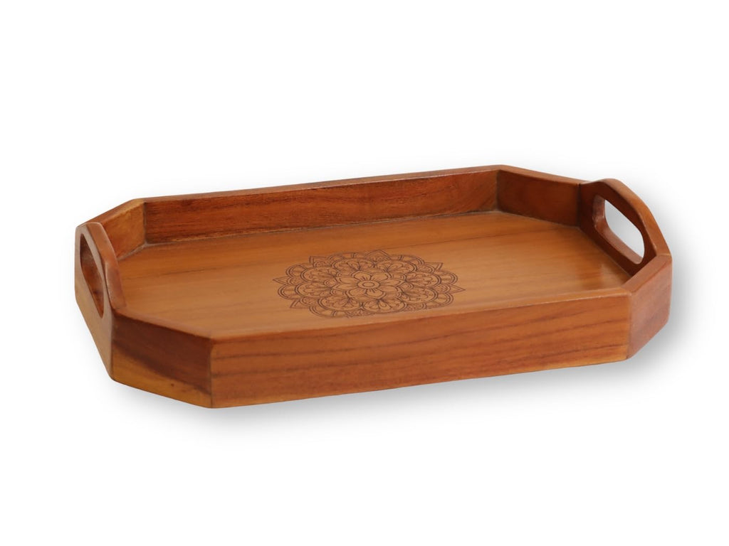 Vesta Homes Acacia Wood Serving Tray with Engraved Mandala Design | Rectangular Wooden Organizer Tray for Kitchen, Dining, Office & Décor | Ideal for Snacks, Tea & Organizing | 38 x 25 x 8 cm