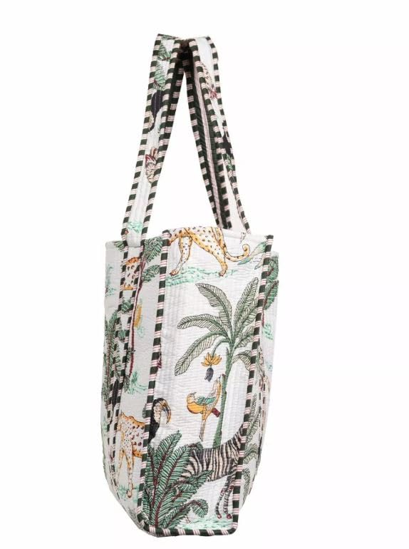 DecorAvenue Quilted Premium Cotton Printed Reversible Tote Bag Grocery Shopping Bag Travel Bags Carry Bag 18x15x5.5 Inch (White Jungle)