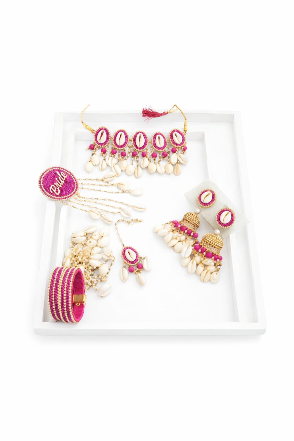 3D EYRANS Cowrie Shell & Stone Chain Necklace for Haldi Mehndi Ceremony | Traditional Handmade Ethnic Jewelry for Women & Girls | Wedding & Festive-Wear (Pink)
