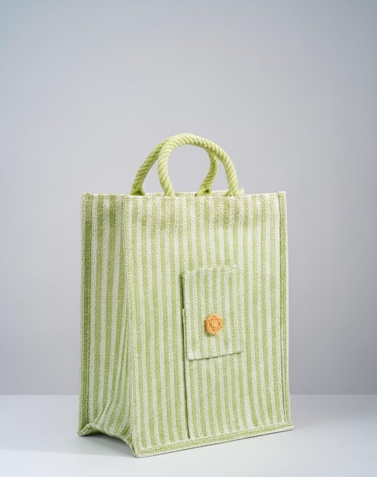 HOMELEE AESTHETICK Eco Friendly Green Striped Jute Tote Bag for Women | Reusable Shopping Handbag with Front Pocket & Rope Handles | Cotton Jute Lunch, Office & Grocery Bag
