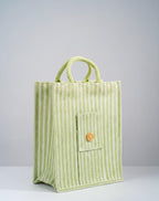 HOMELEE AESTHETICK Eco Friendly Green Striped Jute Tote Bag for Women | Reusable Shopping Handbag with Front Pocket & Rope Handles | Cotton Jute Lunch, Office & Grocery Bag