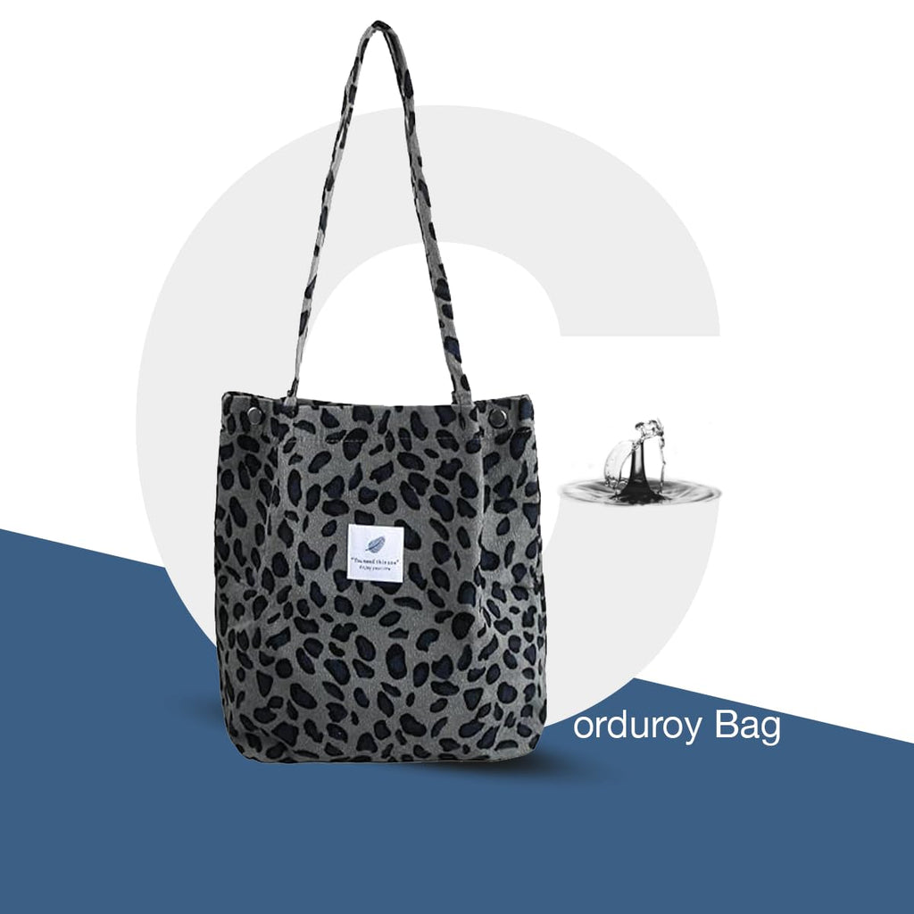 Lyrovo Women Corduroy Shoulder Tote Bag for Work Beach Travel and Shopping Grocery (Leopard)