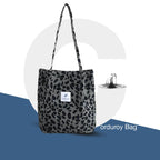 Lyrovo Women Corduroy Shoulder Tote Bag for Work Beach Travel and Shopping Grocery (Leopard)