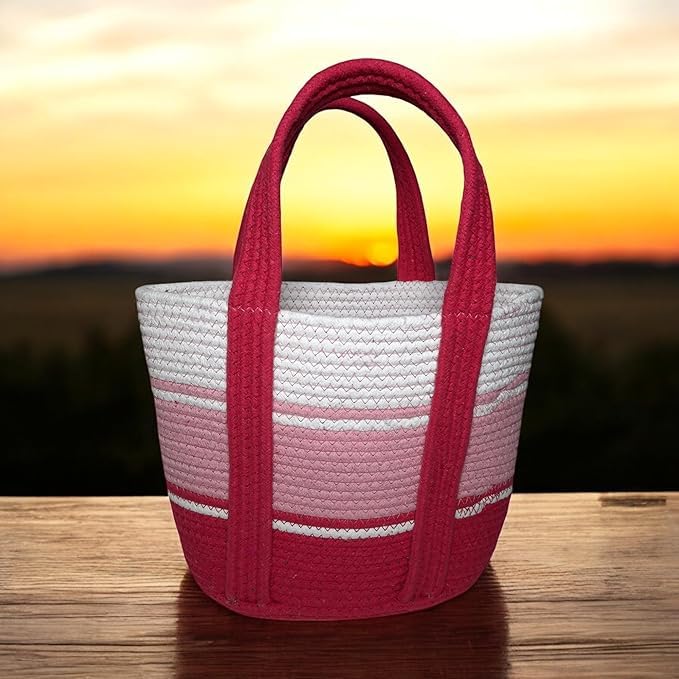 BEAUTIFUL HOMMIES Attractive Hand Bag |large Tote Bag |Summer Bag | Bucket Bag | Basket Bag | Bamboo Tote | Beach Bags for Women|Boho Bag|Handbag |Jute Bag |Handmade Bag (WHITE PINK RED)
