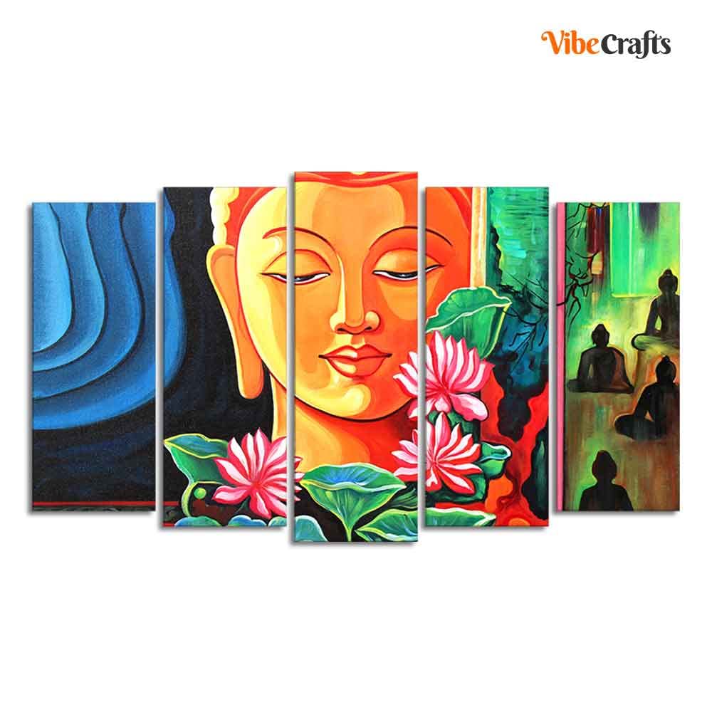 VIBECRAFTS Spiritual Gautam Buddha Wall Painting Set of Five Pieces For Home|Office|Living Room|Gift (PTVC5Pcs2_6568)