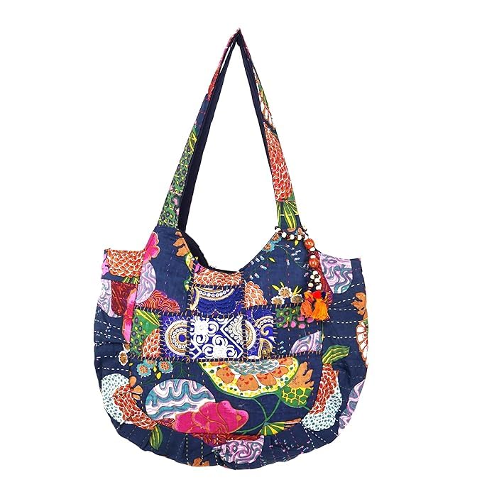 PREET GALLERY Handmade Cotton Patchwork Tote Bag, Multicolour, Double Handle|Women's Shoulder Bag, Pure Cotton Tote Bag, Handmade Patchwork Design (Indigo Blue)