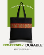 Black Cotton Tote Bag with Decorative Red and Gold Trim, Traditional Design (S)