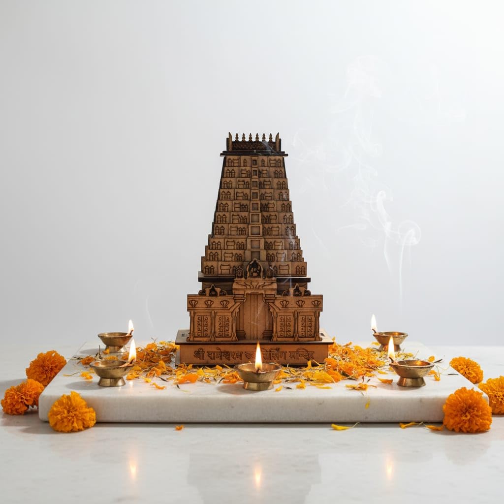 Rameshwaram Temple Wooden 3D Model – 10 Inch Decorative Mandir Replica for Home, Office & Gifting Handcrafted Showpiece Miniature Mandir, Laser Cut Pooja Room Deco