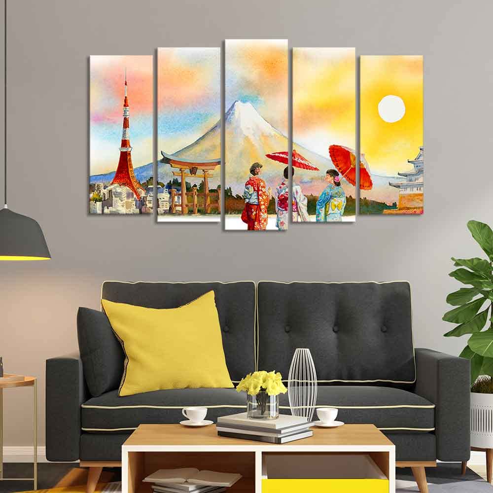 VIBECRAFTS Famous Places of Japan Canvas Wall Painting Set of Five For Home|Office|Living Room|Gift (PTVC5Pcs2_6547)
