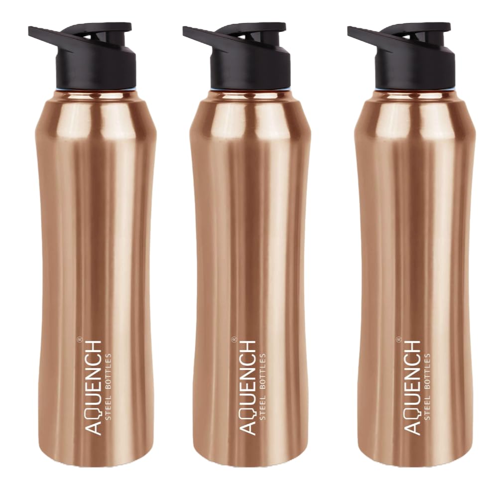 Aquench Stainless Steel Water Bottle, 1 Litre Capacity,Gym, Office, Boys, Girls, Men, Women, Kids, Fridge 1Ltr - 1000 ml, Leak-proof Sipper Cap (Pack of 3, Copper)