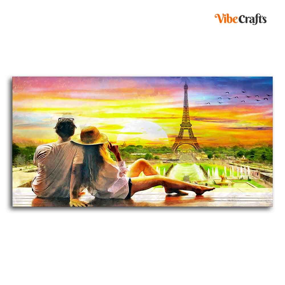 VIBECRAFTS Canvas Paintings for Living Room Drawing Room Couple Watching Sunset Paris Canvas Wall Painting Fitted With Wooden Frame For Home | Office | Living Room | Gift (PTVCH_2465)