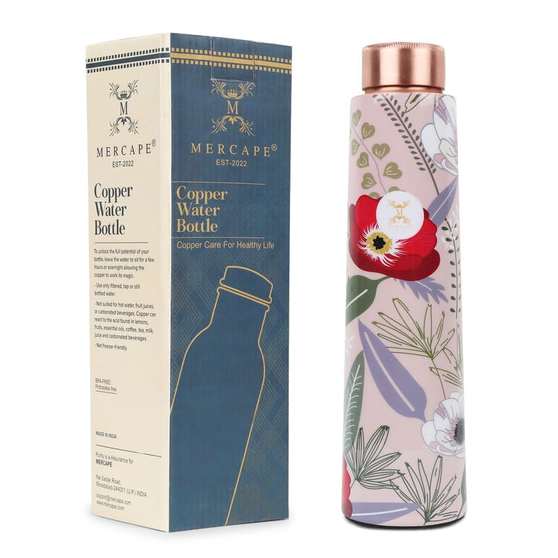 MERCAPE® Pure Copper Water Bottle 900 ml with Leak Proof Lid | Multi Color Floral Printed Designer Tamba Bottle for Home, Office, Gym & Travel | BPA Free Reusable Water Bottle for Daily Use