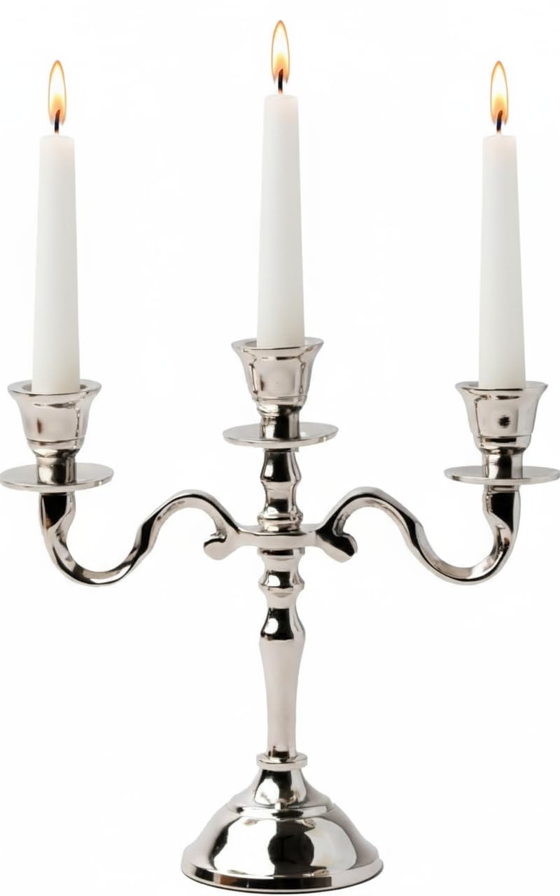 PURESTORY Candle Holder | Mini 3 Arm Taper Candle Holder | Silver Aluminium | Heat Resistant | Candlesticks for Home Decor, Wedding, Party, DinningTable Centerpiece, Church Altar & Festive Occasions