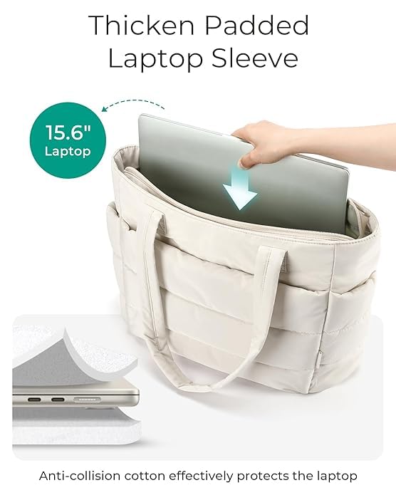 Tote Bag for Women, Lightweight Puffy Tote Bag with Compartments Shoulder Bag Handbag for Travel, Work, Gym, Beige, Standard, Puffy