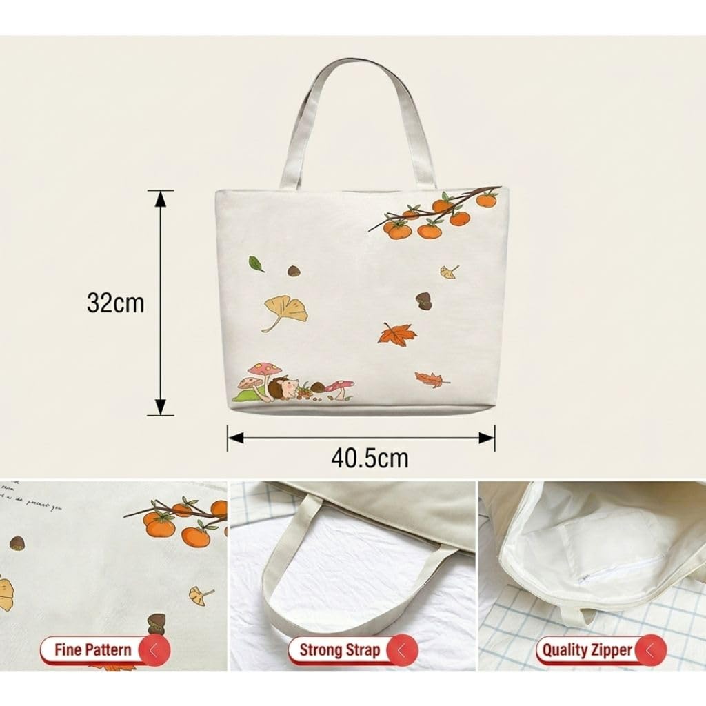 BROGBUS Canvas Tote Bag for Women with Zipper and Inner Pocket, Large Capacity Cotton Shoulder Bag 32 x 40.5 cm, Aesthetic College Handbag for Girls, Reusable Shopping Tote