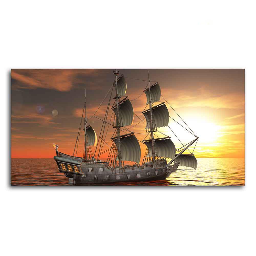 VIBECRAFTS Homcraft 3D Sailing Ship in Sunset Premium Canvas Wall Painting With Frame for Living Room Drawing Room Home|Office|Gift (PTVCH_2222)