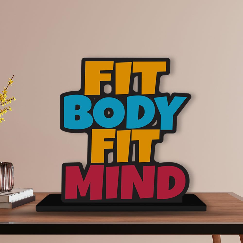 Artvibes Wooden Idols and Figurine Fit Body Fit Mind Fitness Positive Quotes Table Decor for Office Desk Showpiece | Home Decoration | Living Room | Modern Gifting Items (SP_1166), Inspirational
