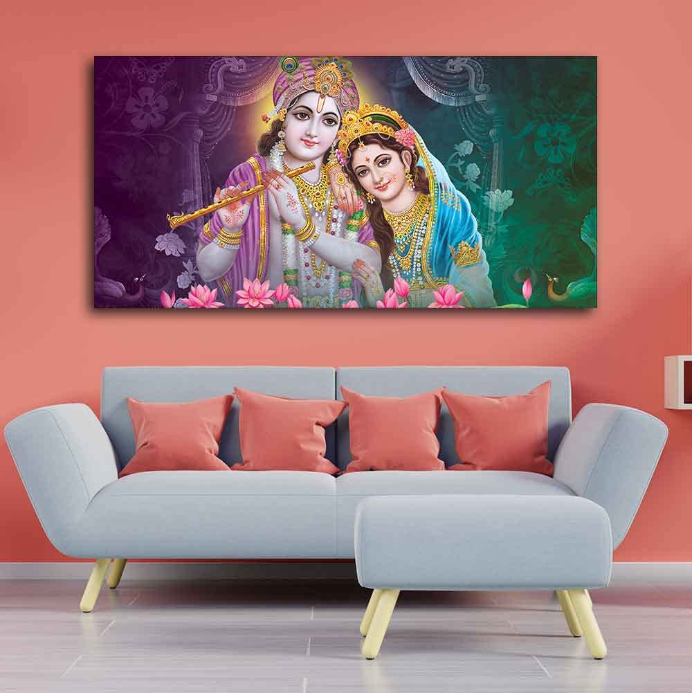 VIBECRAFTS Canvas Paintings for Living Room Drawing Room Colorful Wall Painting of Radha Krishna Fitted with Wooden Frame for Home|Office|Gift(PTVCH_2247)