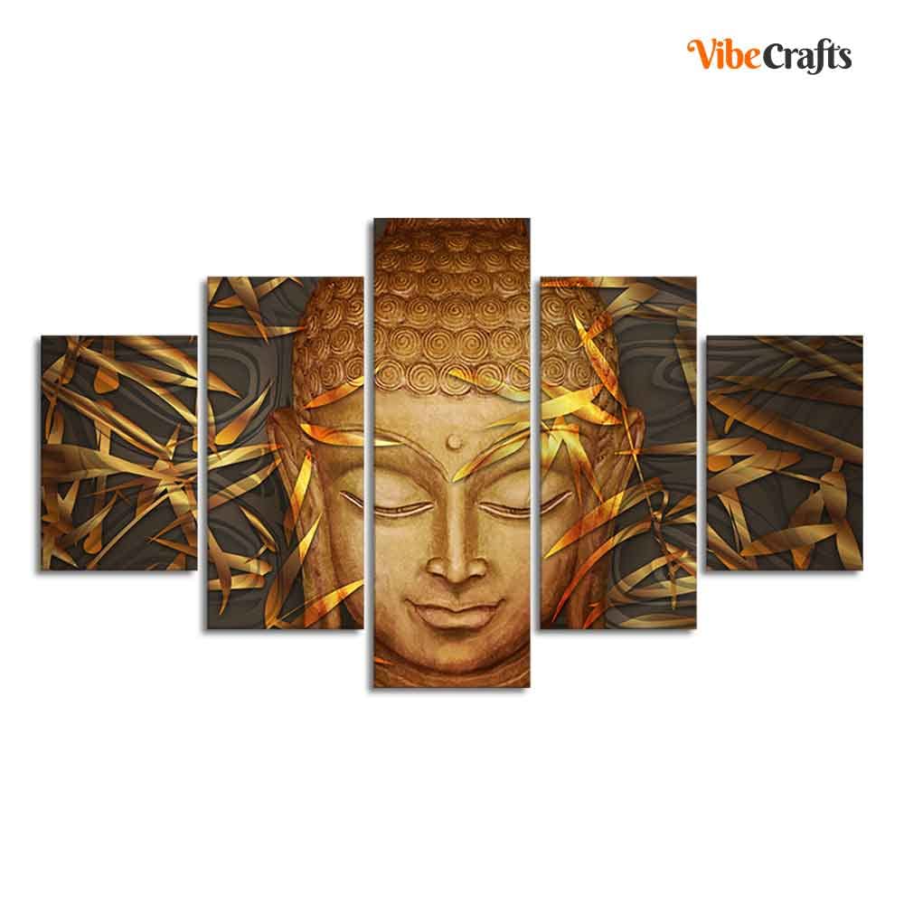 VIBECRAFTS Gautam Buddha with Serene Smile Wall Painting of Five Pieces For Home|Office|Living Room|Gift (PTVC5Pcs1_5537)