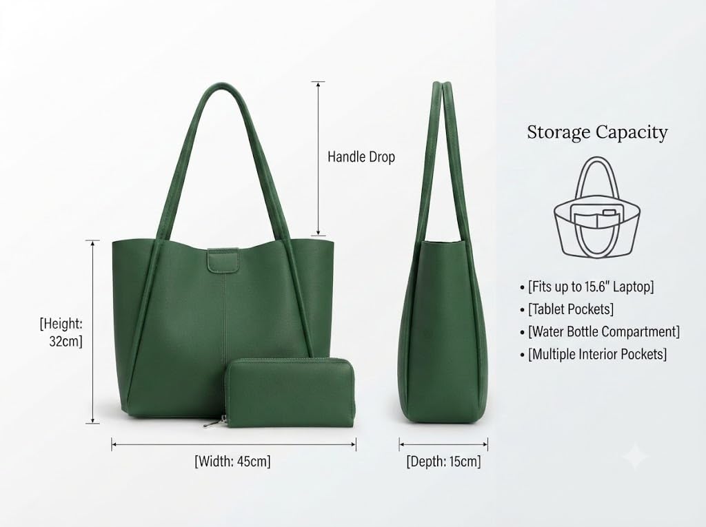 PAVILONN Women Tote Bag Ladies Handbag Shoulder Bag Office Bag PU Leather Travel Handbag with Zip Pouch Large Capacity Work Tote Shopping Purse College Bag (green)