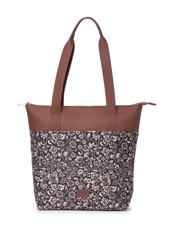 ZOUK Flomotif Floral Printed Women's Jute Handcrafted Vegan Leather Black Everyday Tote