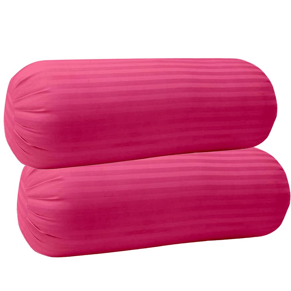 Trance Home Linen 100% Cotton 16x32 inch 200TC Striped Bolster Cover | Round Bed Side Long Bolster Pillow Cover to fit 24 Length 9 Dia | Pack of 2 Bolster Cover only (16x32 inch,Rose Pink)