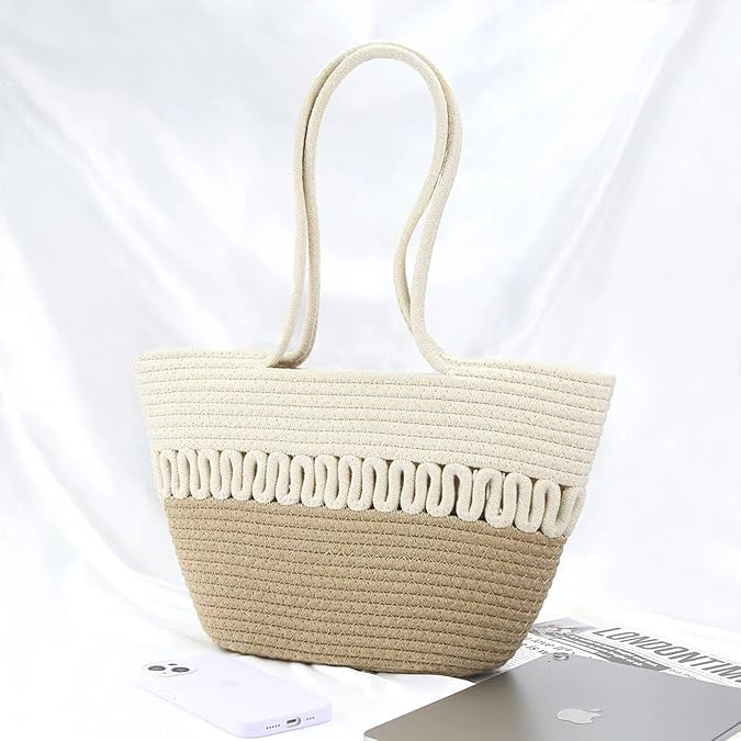 BEAUTIFUL HOMMIES Attractive Hand Bag |large Tote Bag |Summer Bag | Bucket Bag | Basket Bag | Bamboo Tote | Beach Bags for Women|Boho Bag|Handbag |Jute Bag |Handmade Bag (BEIGE WHITE)
