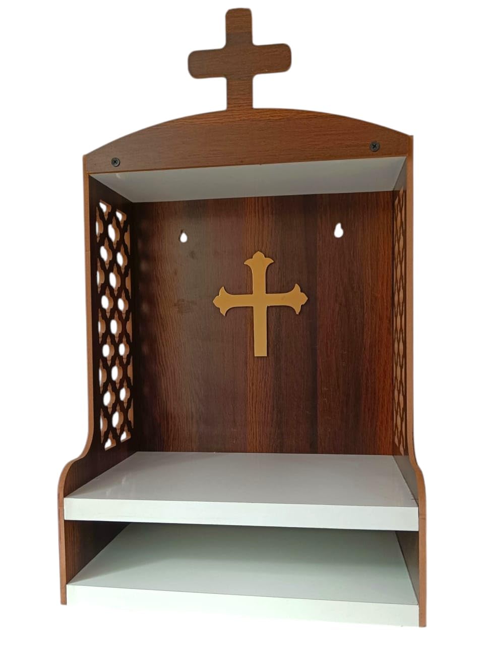 Beautiful Christian Golden Cross Temple, Home Temple, Decorative Wooden Jali Cross Temple, Home and Office Wall Mount Temple, Brown and White