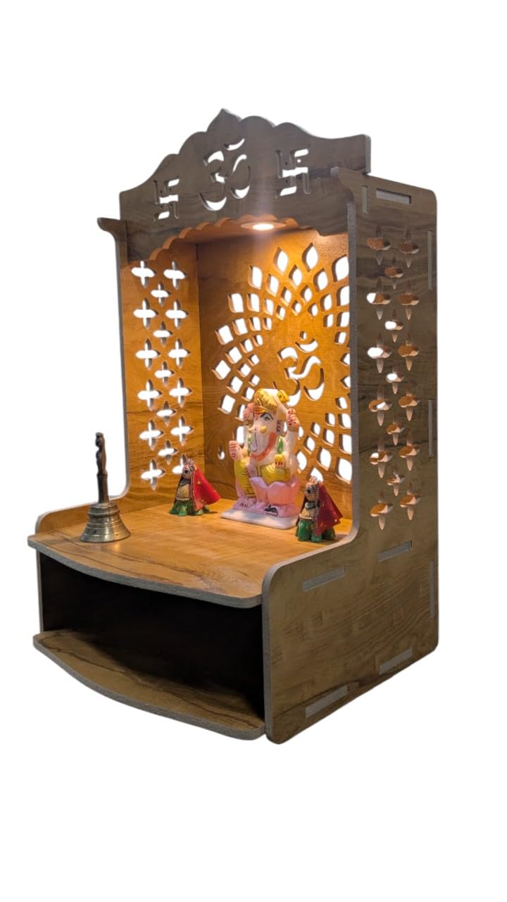 PIXELCRAFTS Wooden Temple Puja Mandir Art and Crafts Temple for Home, Shop, Office with LED SPOT Light (Size – H 15.5X L 11.5 x W 11 inch) (COACHWOODREGULAR)