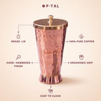 P-TAL Tumbler with Lid Serving Copper Glass with Brass Lid Tamba Glass with Ayurvedic Health Benefits Ptal Brass and Copper Utensils (600 ml Tumbler Glass)